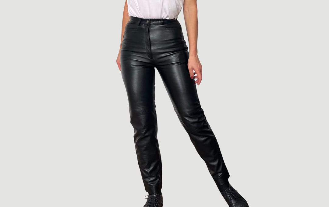 90s Vintage Black Leather Pants: High Waist Rocker Trousers (XXS