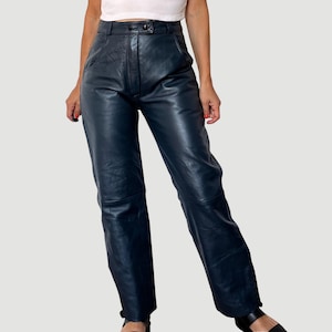 Vintage Woman Blue Leather Trousers - Genuine thick Leather Pants - High waist Motorcycle leather pants - Size S/M - 1990s