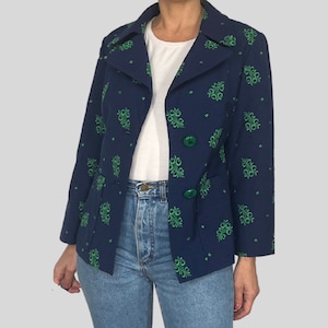 Vintage Woman Seventies Blazer - Blue & Green printed BlazerJacket - Crop Blazer Jacket - 1970s - Size XS/ S - Excellent Vintage Condition