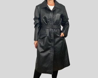 Vintage Woman Black leather Trench Coat with belt - Avant Garde Leather jacket parka - 1990s - Size 46/ 3X - Excellent Vintage Condition