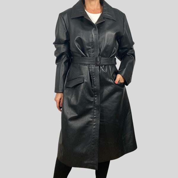 Trench Coat en cuir noir femme vintage avec ceinture - Parka veste en cuir Avant Garde - années 1990 - Taille 46/ 3X - Excellent état vintage