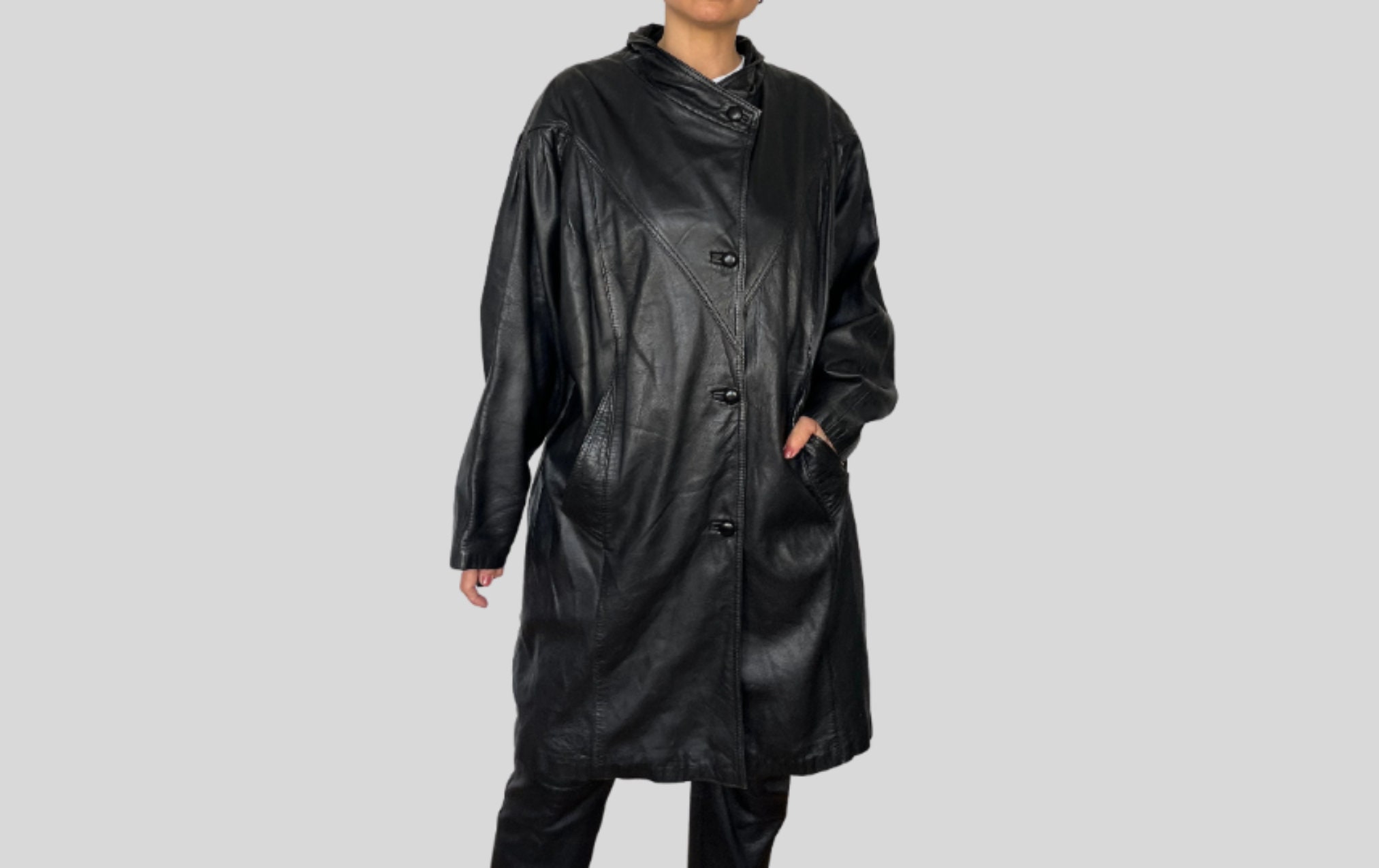 Vintage Woman Black Long Leather Jacket Overcoat Long Avant Garde ...
