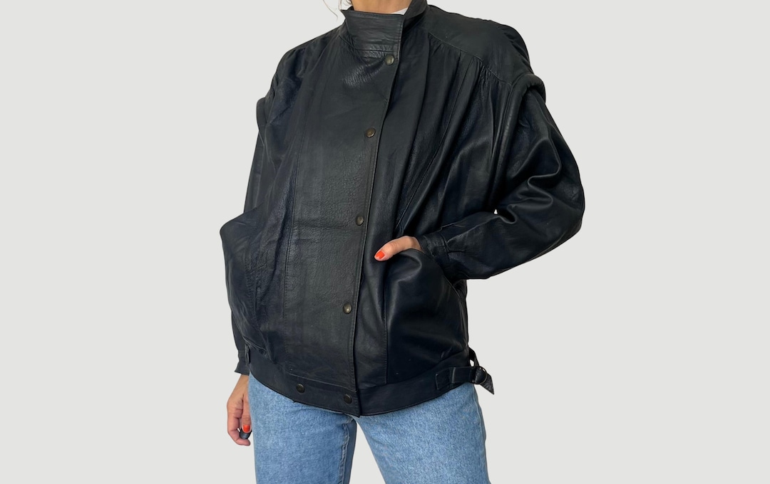 ジャケット・アウター 1990s vintage leather bomber jacket Vintage Blue Leather Bomber Jacket: 1990s Oversized Crop Coat