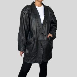 Vintage Woman Black Leather Jacket - Oversize Avant Garde Blazer Leather Coat - 1980s - Size M - Excellent Vintage Condition