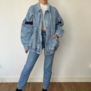 Giacca vintage in denim blu lavaggio donna di John Baner Jeans oversize da donna blu cielo Giacca in denim bomber leggero Taglia XL anni '90 immagine 8