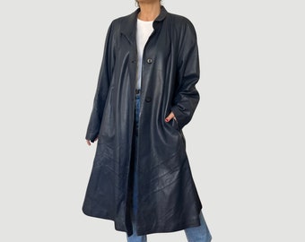 Vintage woman Dark Blue Long Leather trench coat - Oversized Avant Garde Leather Overcoat - Unique Long leather coat - Size L/XL - 90s