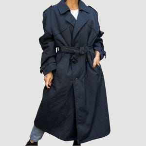 Vintage 90s Blue Double-Breasted Trench Coat with Belt - Removable lining - Maxi length - Size XL