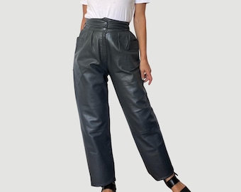 90s Vintage Gray Leather Trousers: High Waist Biker Pants - Size S/M