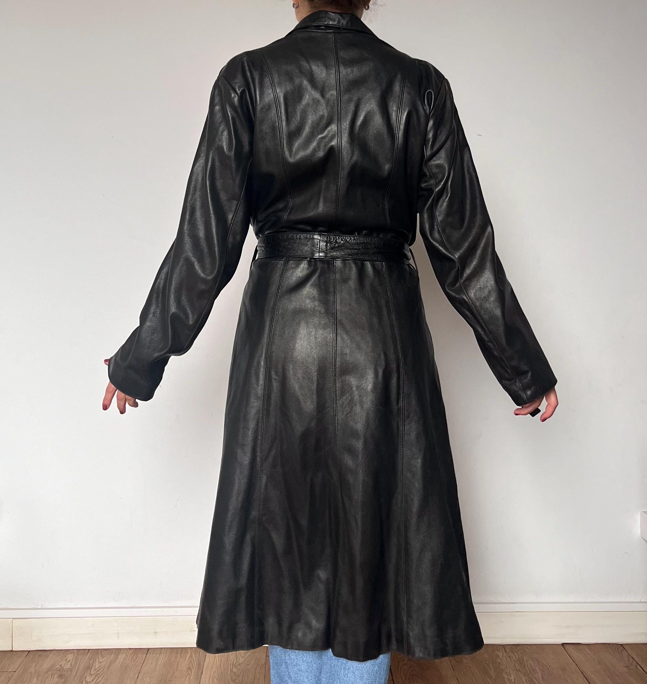 Vintage 90s Dark Brown Leather Trench Coat - Fitted Long Jacket
