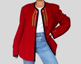 Giacca blazer vintage in lana rossa e oro da donna rara - Cappotto uniforme di alta qualità - Taglia 2XL/3XL - 1990 - Condizioni vintage eccellenti