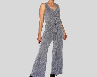 Mono de verano vintage a rayas en blanco y negro para mujer - Pantalones de mono elásticos sin mangas - Talla S - Década de 1990 - Excelente estado vintage