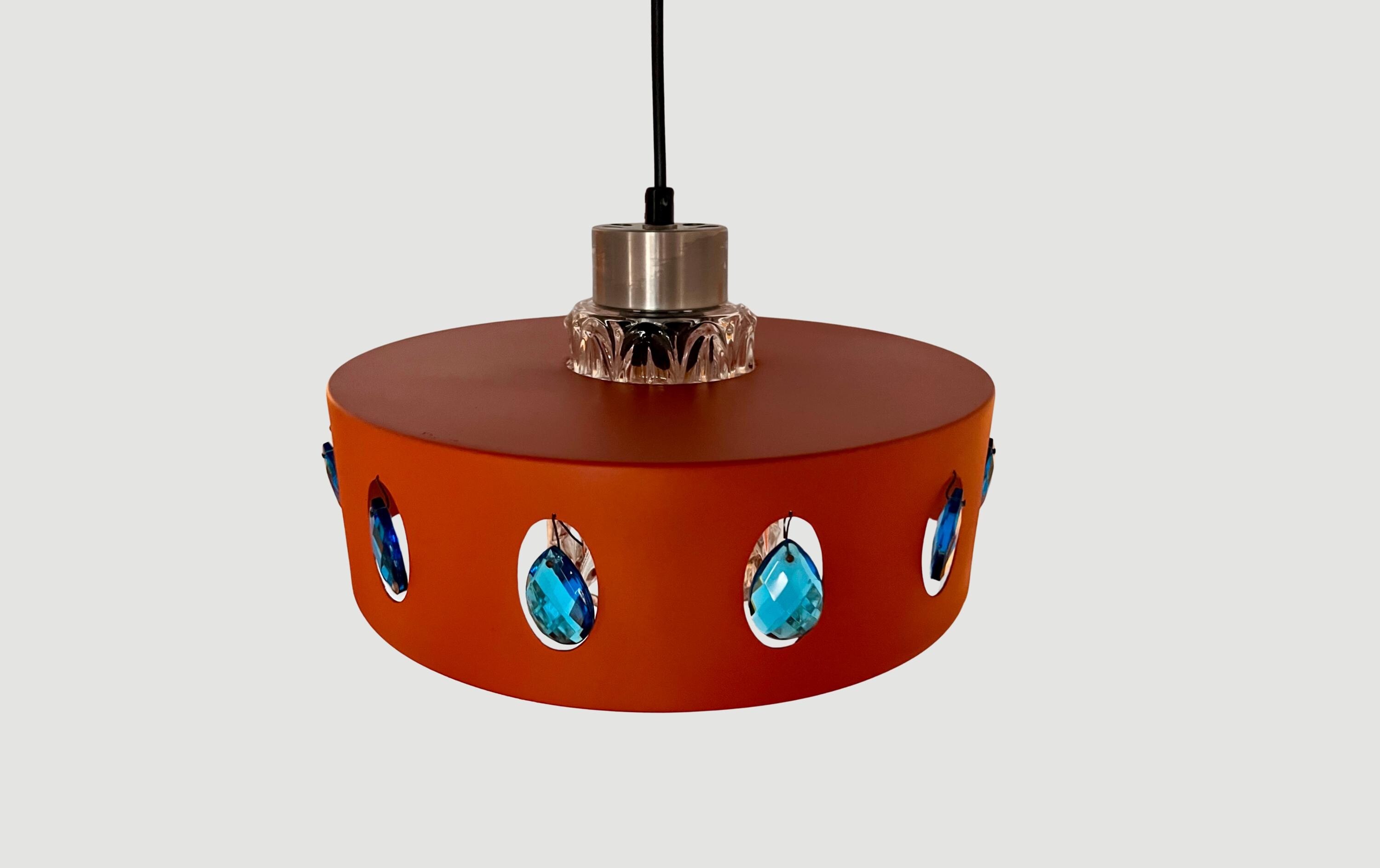Vintage Danish Pendant Lamp | Orange Metal Glass Hanging Light | Mid Century Modern Blue Accents Scandinavian Light Fixture | 1970s Lamp