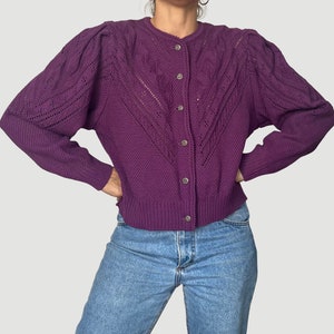Vintage Woman purple Wool knitted Cardigan - Oversized Folk violet Cardigan Sweater - Puffy sleeves cardigan - 1990s - Size M