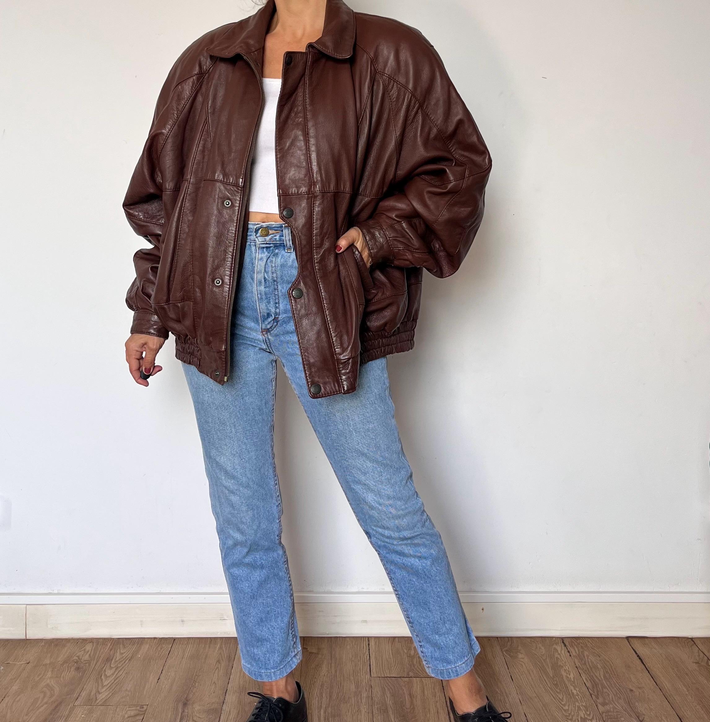 Vintage 80s Brown Leather Bomber Jacket: Oversized Sheepskin Moto