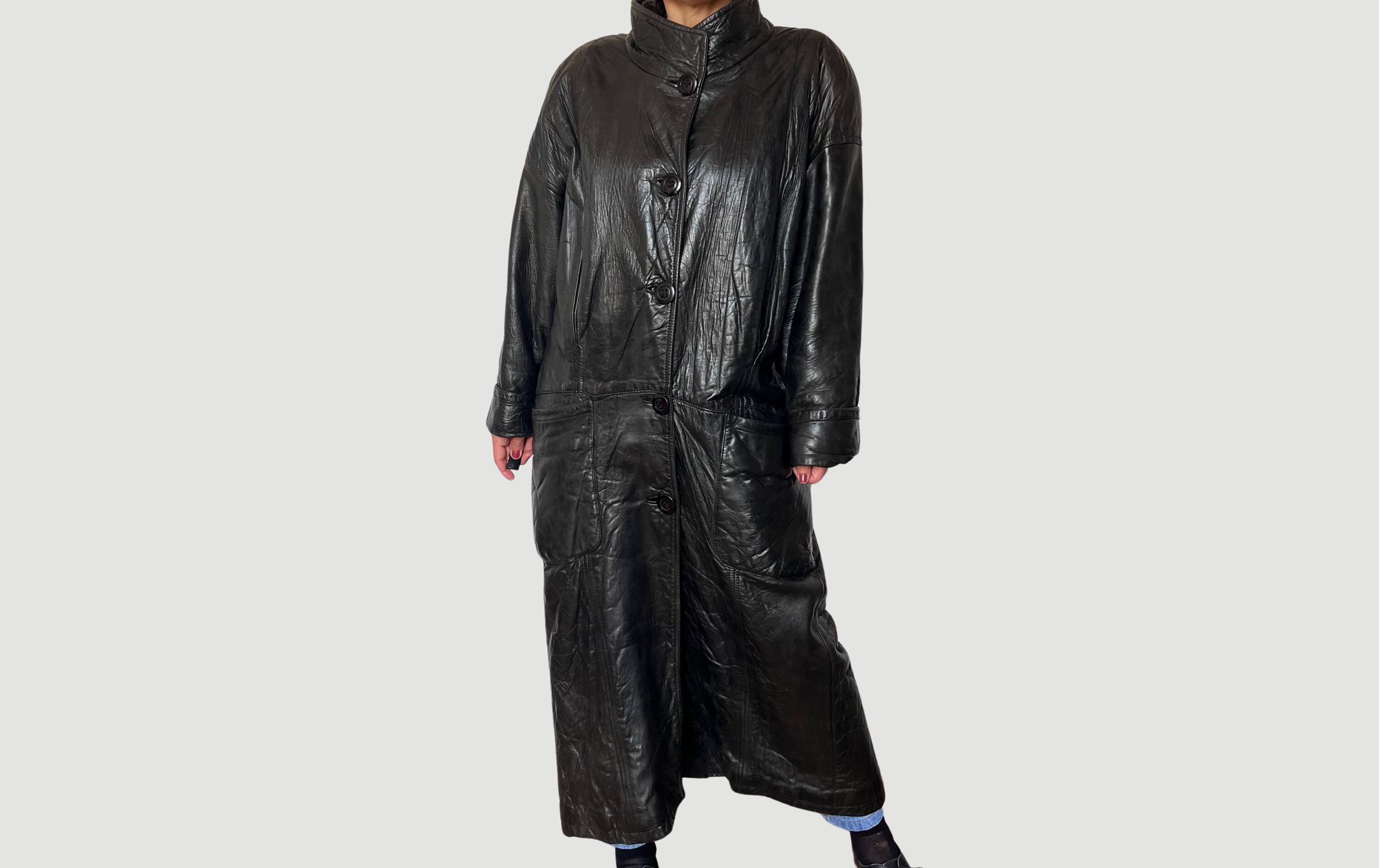 90年代ヴィンテージレザートレンチコート：ブラックマトリックス