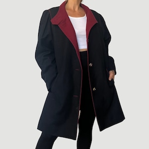 Vintage Bavarian Wool Coat: Black & Burgundy Cloak, Puffy Sleeves - Size XL