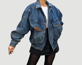 Chaqueta bomber vaquera oversize estilo vintage de los 90 - Vaquero azul de algodón grueso - Talla XL