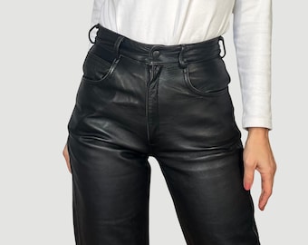 Vintage Woman Black Leather Trousers - Genuine Leather Rocker Biker Pants - High waist leather pants - Size 36/S - 1990s