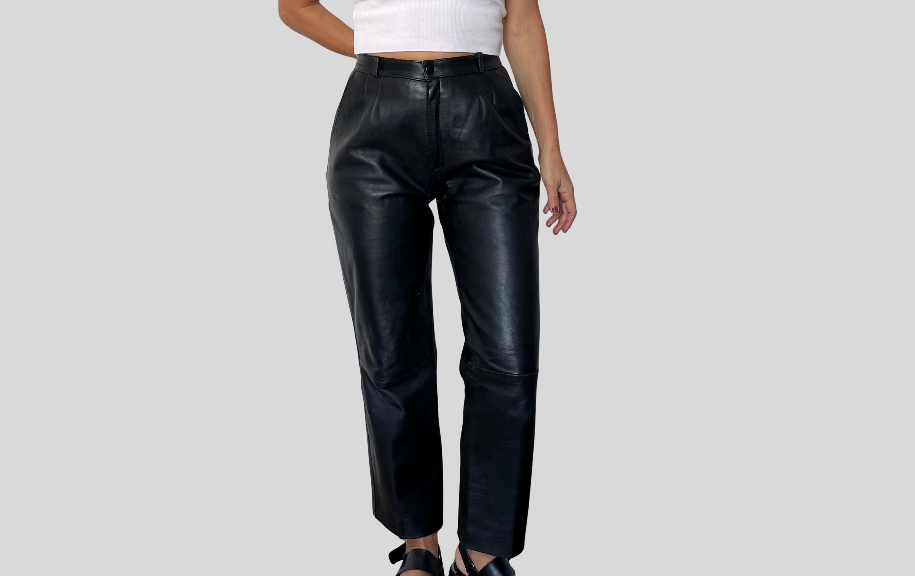 90s Vintage Black Leather Trousers: High Waist Rocker Biker Pants
