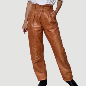 Vintage Brown Leather Trousers | High Waist Boyfriends Pants | 90s Real Leather |     Size S | Women&#39;s Vintage Bottoms