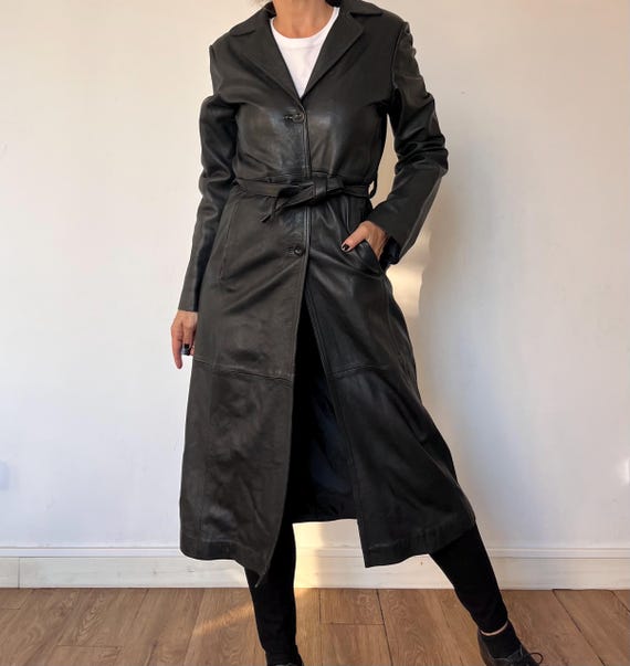 Trench long en cuir noir pour femme vintage avec ceinture