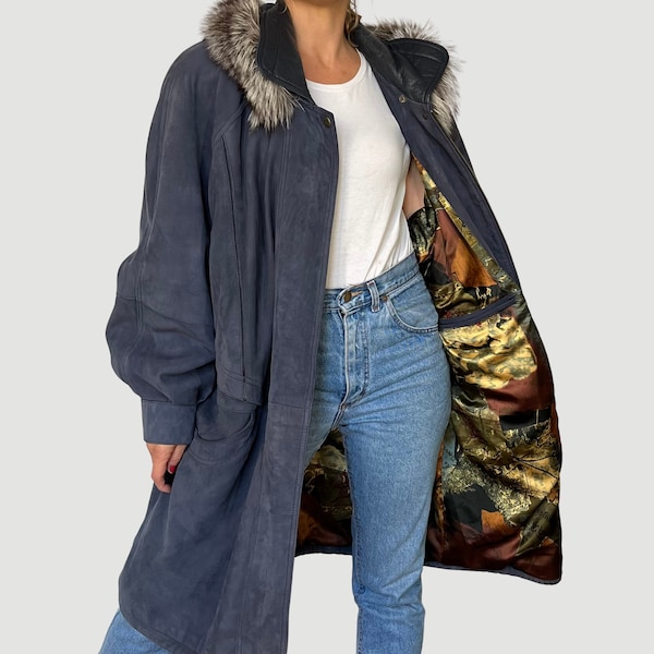 Parka vintage pour femme en cuir suédé bleu avec capuche - Manteau oversize en cuir chaud bleu - Années 80 - Taille XL - Excellent état vintage