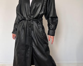 Vintage Black Leather Trench Coat: 1990s Avant Garde Overcoat