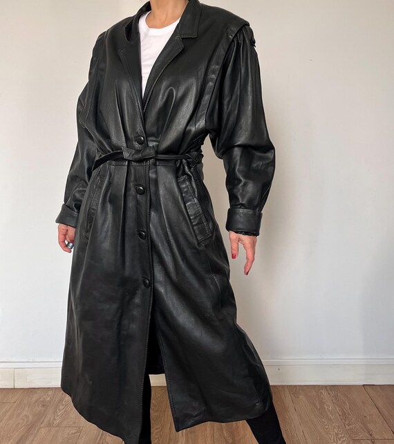 Vintage Black Leather Trench Coat: 1990s Avant Garde Overcoat