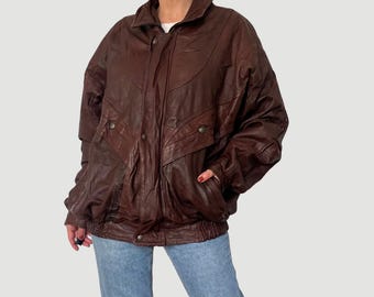 Giubbotto bomber in pelle marrone vintage anni '80: cappotto da motociclista corto oversize (XL)