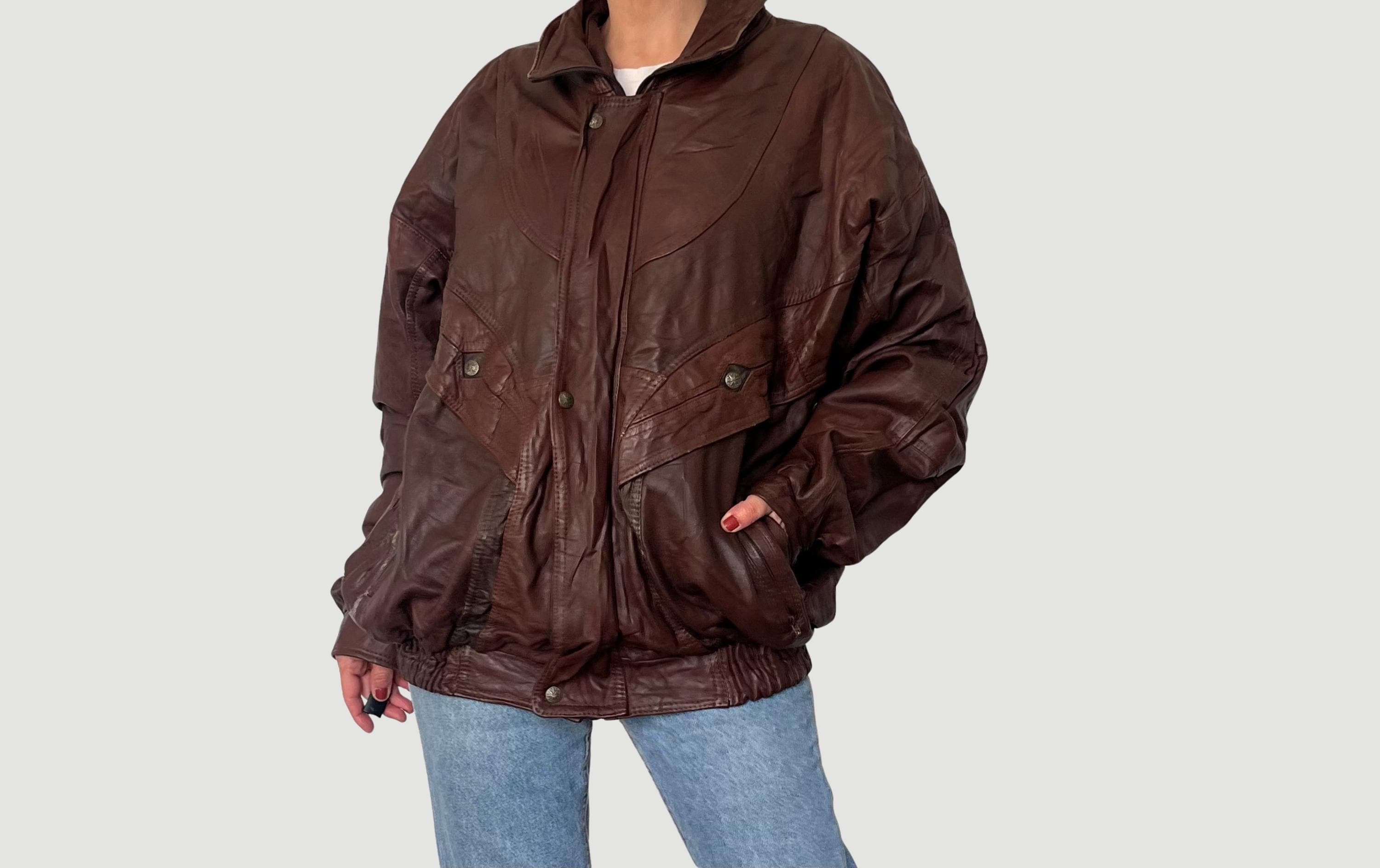 ジャケット・アウター 1980s Euro Vintage Brown Leather Jacket Vintage 80s Brown Leather Bomber Jacket: Oversized Crop Motorcycle