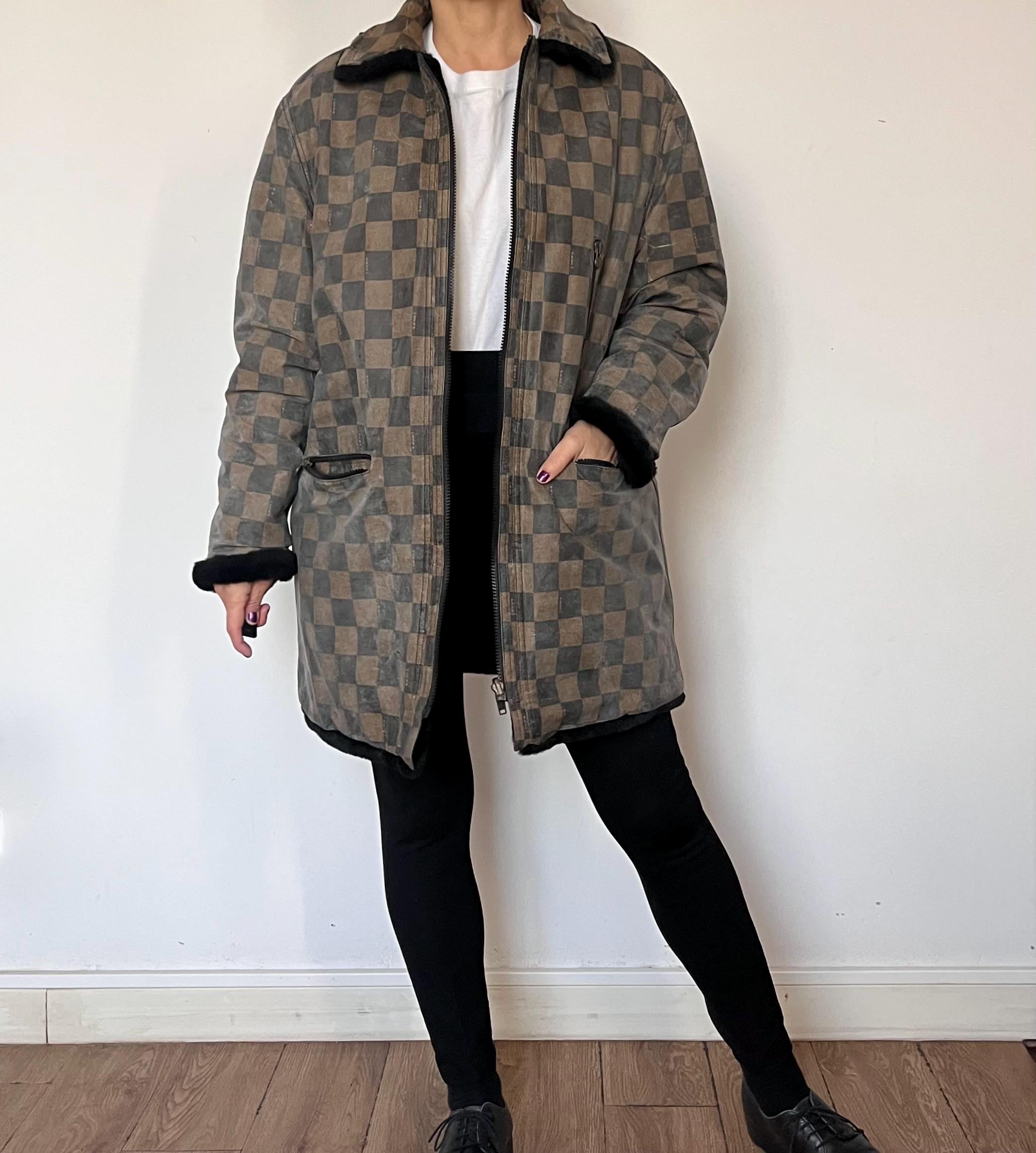 Vintage 90s FENDI Reversible Faux Fur Coat – Black & Checkered
