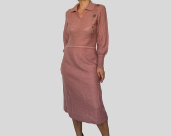 Vintage Woman old pink wool Dress - Puffed Sleeves Mid-calf Dress  - A-Line Wrap Boho rose gold Dress  - 1980s - Excellent Vintage Condition
