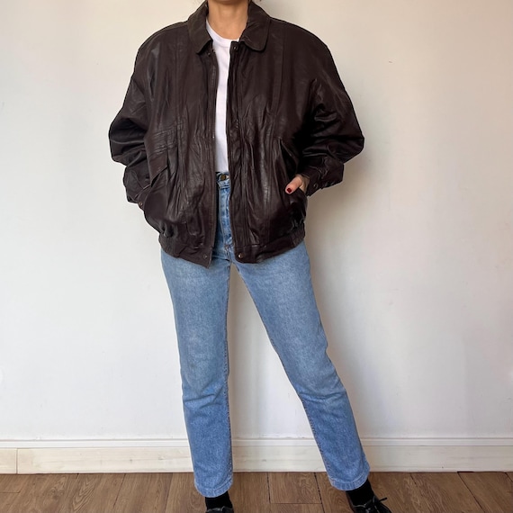 Vintage 80s Brown Leather Bomber Jacket - Oversized Motorcycle