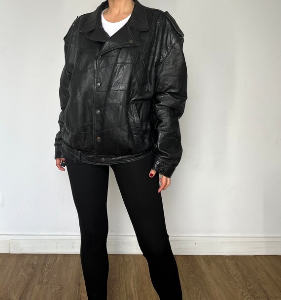 Vintage Patchwork Black Bomber Leather Jacket - Woman