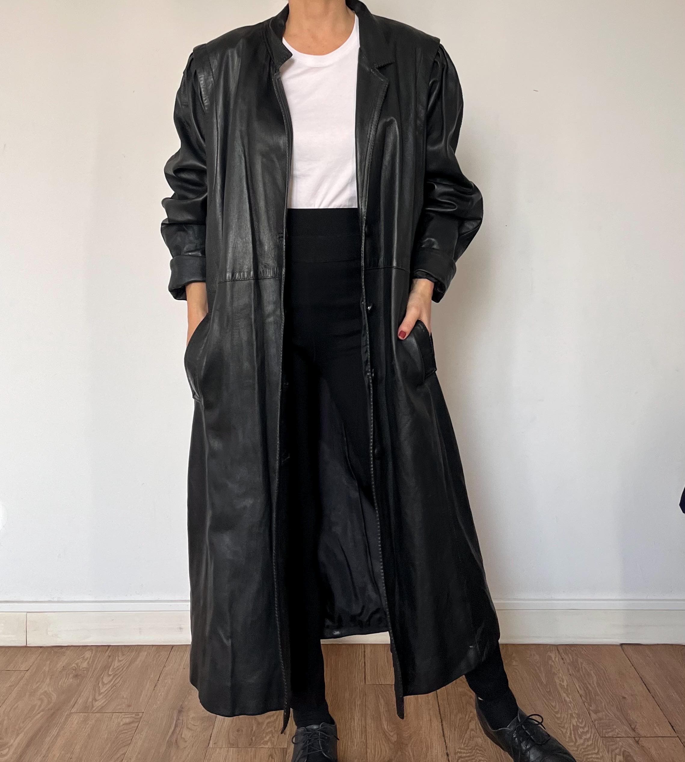 Vintage Black Leather Trench Coat: 1990s Avant Garde Overcoat