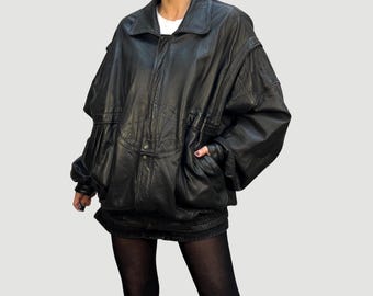 Giacca bomber vintage anni '90 in pelle nera: giacca da motociclista oversize (taglia XXL)