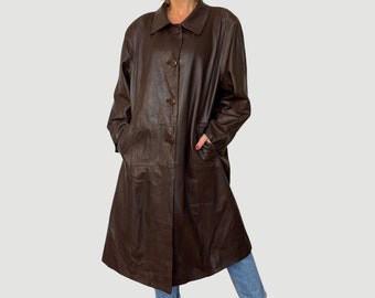 Vintage Woman Brown long Leather Overcoat - Oversized Avant Garde Leather jacket - Lightweight soft leather overcoat - Size L/ XL - 80s