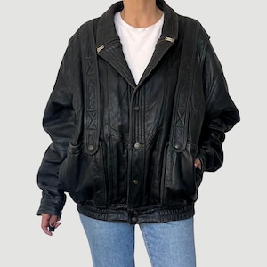 Vintage 80s Black Leather Bomber Jacket: Oversized Aviator Coat