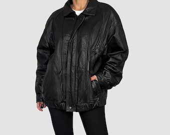 Vintage Black Leather Bomber Jacket: Oversized 1980s Aviator Coat