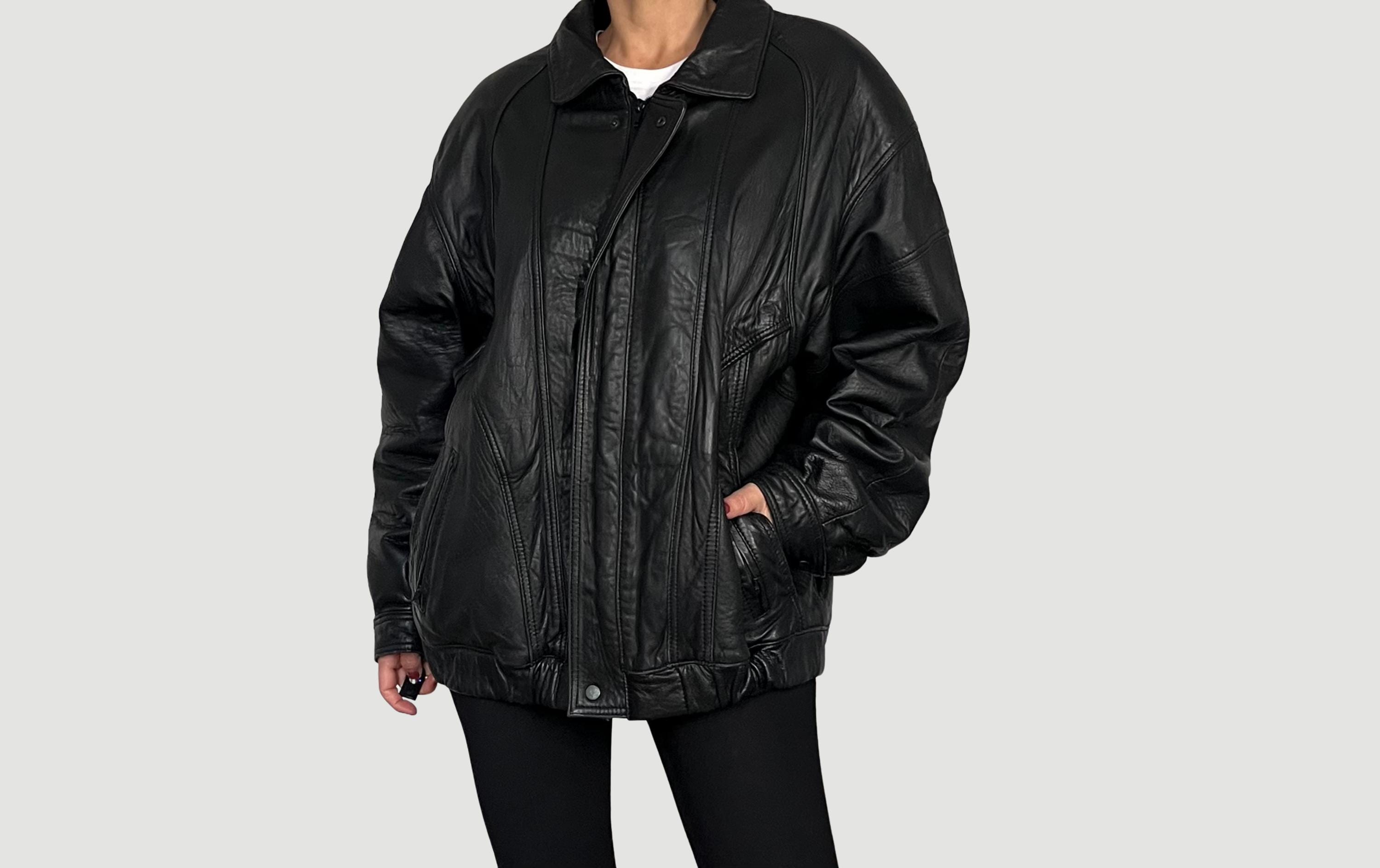 Vintage Black Leather Bomber Jacket: Oversized 1980s Aviator Coat