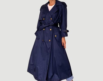 Vintage Woman Blue Long Trench Coat by London Fog - Double breasted Trench coat jacket with belt - Made in USA trench - Size S - 1990s