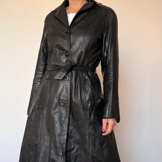 ジャケット・アウター 1990s Vintage Super Long Design Coat Vintage Black Leather Trench Coat: 1990s Avant Garde Overcoat