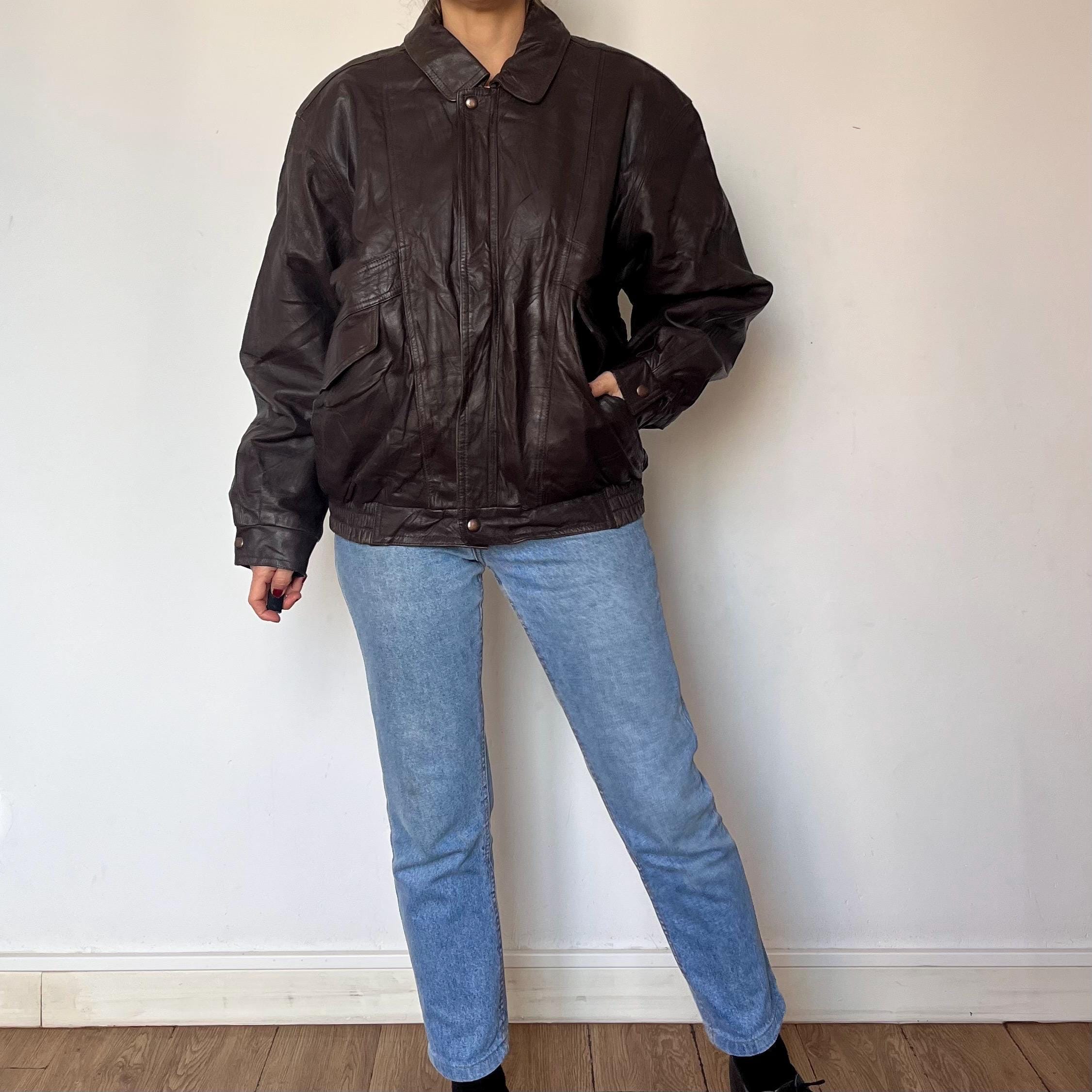 Vintage 80s Brown Leather Bomber Jacket - Oversized Motorcycle