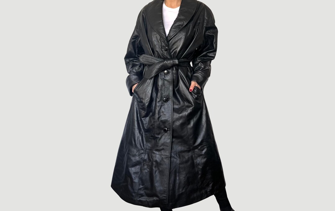 Vintage Black Leather Trench Coat| 90s Belted Long Jacket Minimalist Boho