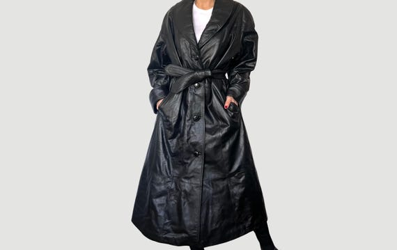 Vintage Black Leather Trench Coat: Avant Garde Overcoat, Size L/XL