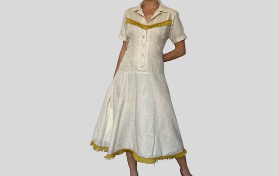 Vintage Western Cotton Dress: Beige Gold Fringe, Size 16/XL