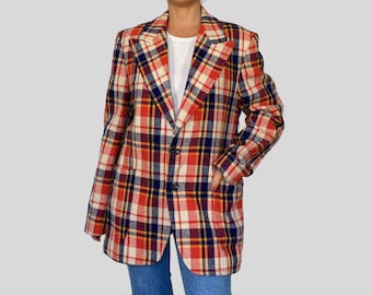 Blazer scozzese da donna vintage - Cappotto blazer elegante preppy rosso blu giallo - Giacca blazer da uomo - anni '90 - Condizioni vintage eccellenti