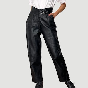 Vintage Woman Black Leather Trousers with tie - Genuine Leather Rocker Biker Pants - High waist soft leather pants - Size S - 90s