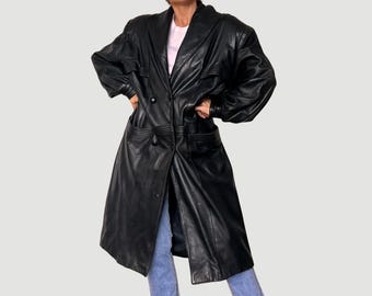 ヴィンテージ Y2K ダニエル・カナダ レザートレンチコート：ブラック