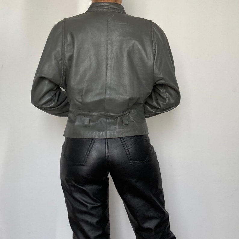 Vintage Woman Gray Leather Bomber Jacket Lightweight Leather Jacket